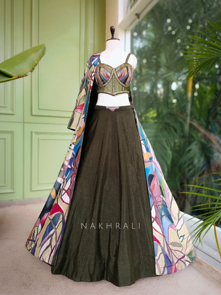 Arvaya Olive Indo Western Lehenga with Beaded Corset and Printed Jacket