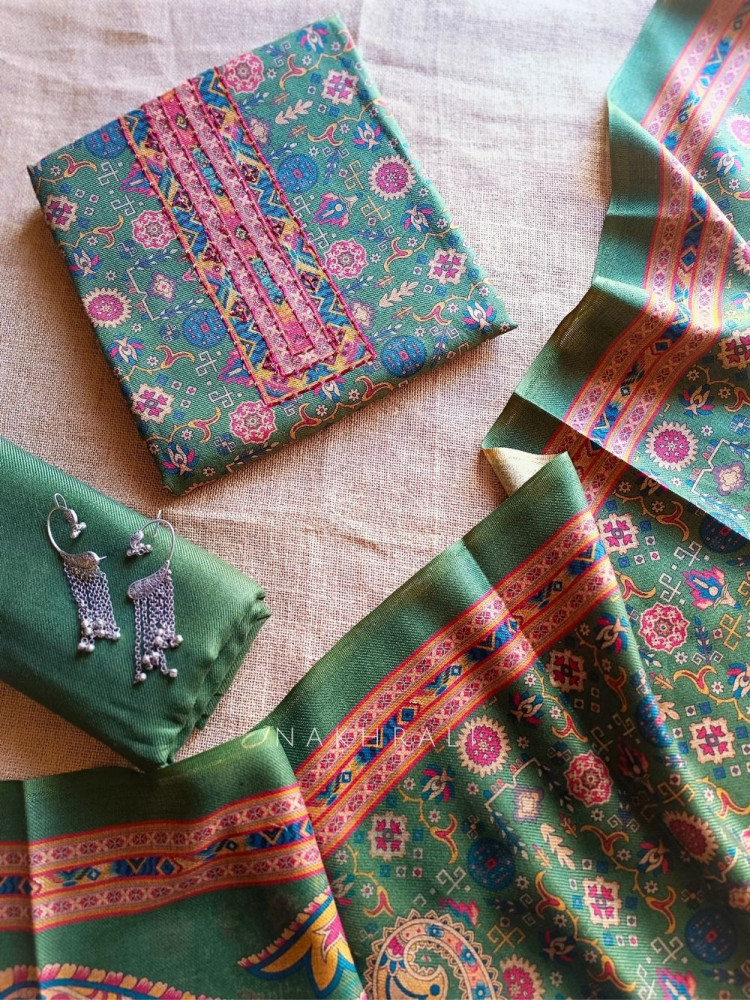 Image of Heritage Green Woolen Printed Dress Material