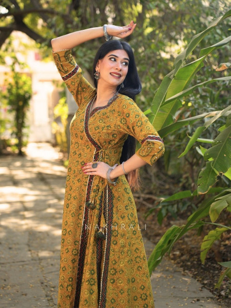 Umrao Mustard Angrakha Cotton Kurta Pant Set