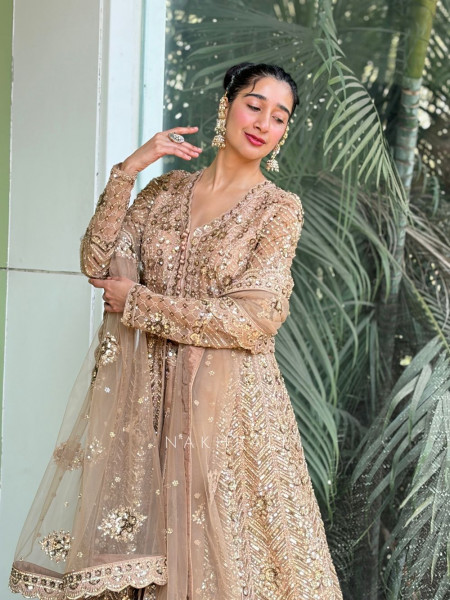 Mocha Bloom Brown Achkan Pattern Lehenga with Zari Sequin Work