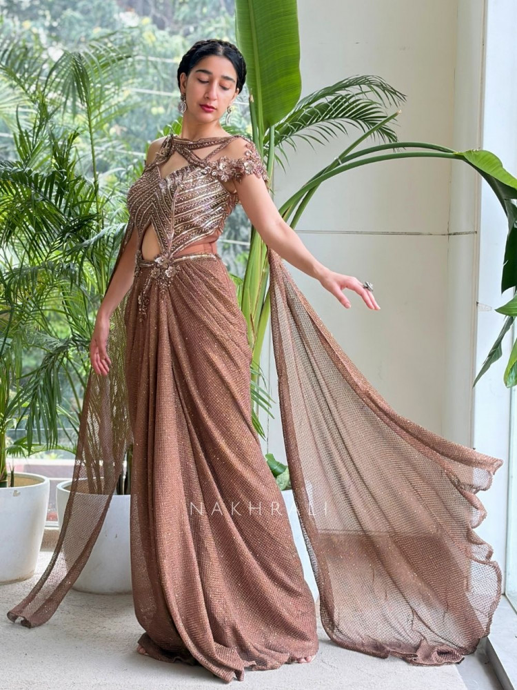 Image of Virelle Brown Indo-Western Drape Gown with Sequin Work