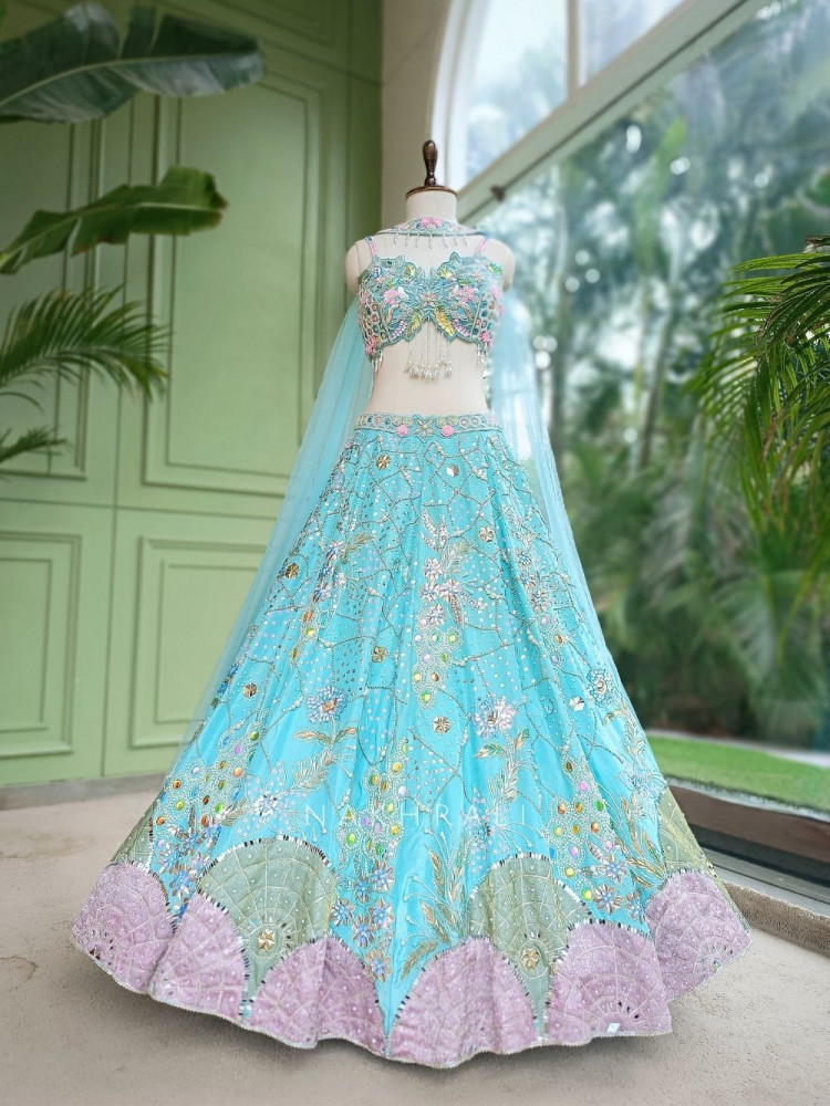 Image of Ishvika Sky Blue Slub Silk &amp; Tulle Carnival Lehenga Set