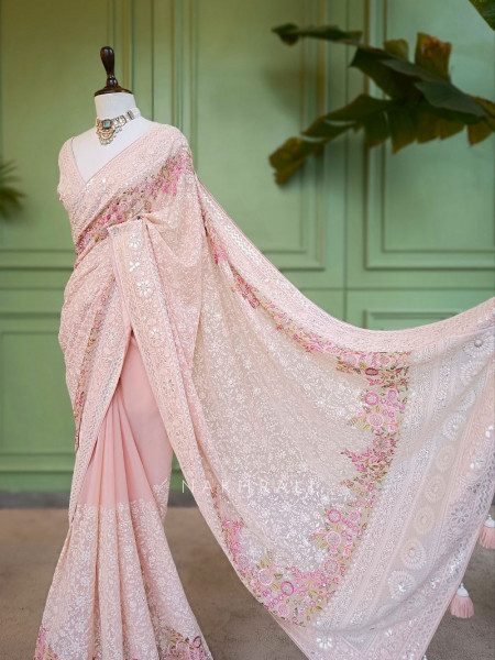 Ecru Grace Pink Embroidered Elegance Saree with Sequin Detailing