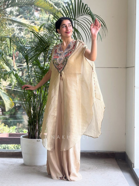 Ruhira Beige Kaftan Set with Multicolor Embroidered Yoke