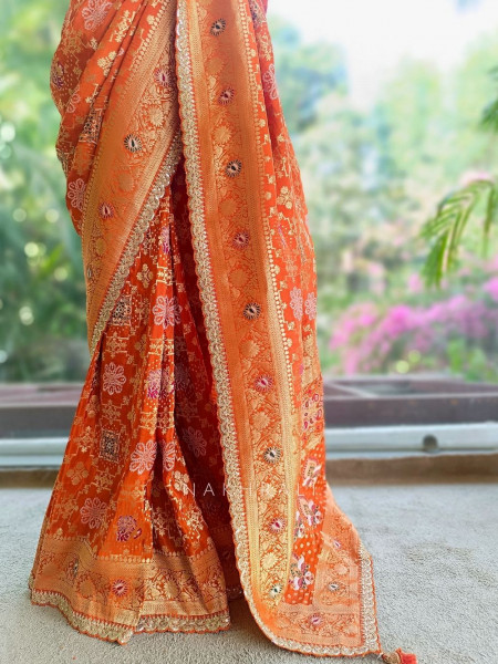 Anant Bindu Orange Bandhani Print Saree with Sequin Border