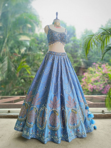 Aurora Bloom Blue Lehenga with Sequin, Mirror, Pearl and Cut Dana Work