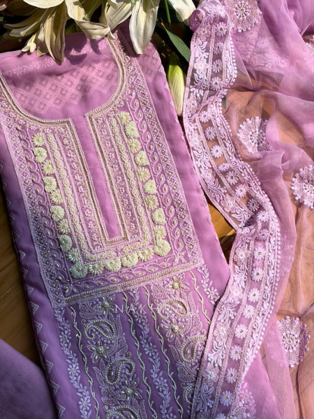 Avarna Lavender Pearl Beads Embroidered Dress Material