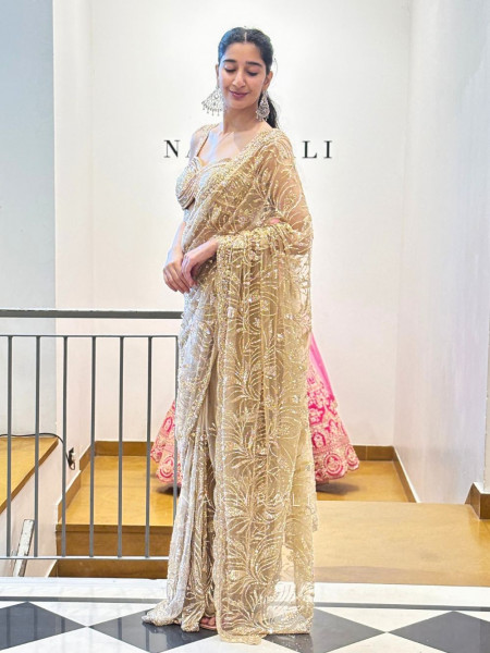 Radiant Charm Golden Net Saree with Sequin & Cut Dana Work