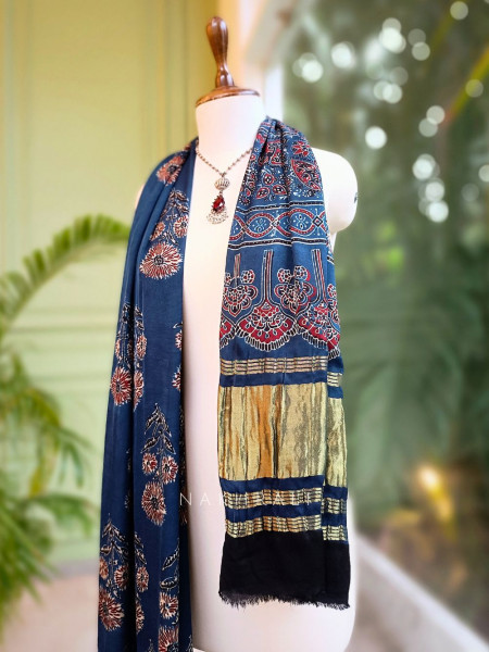 Aurelia Blue Modal Silk Dupatta with Ajrakh Print