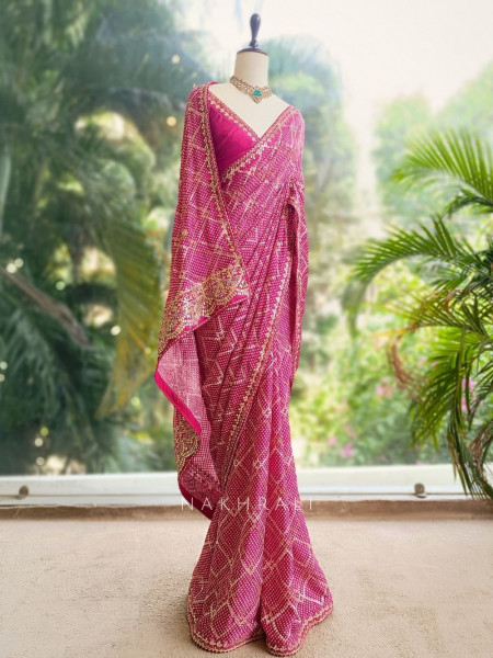Aarvika Pink Bandhani Saree with Gota and Zari Border
