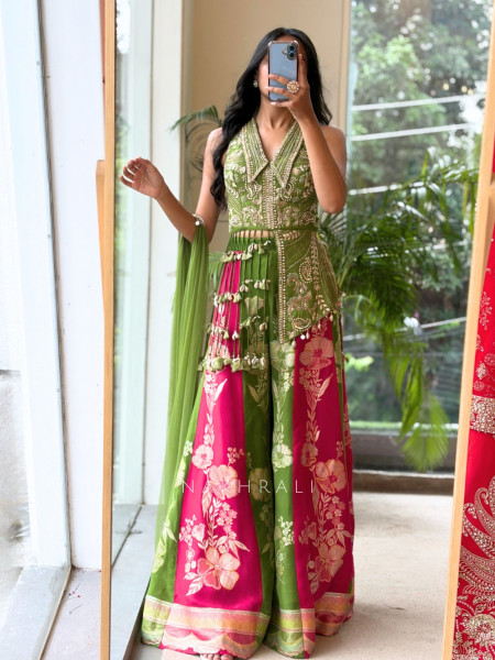 Urban Green Banarasi Silk Brocade Indo-Western Palazzo
