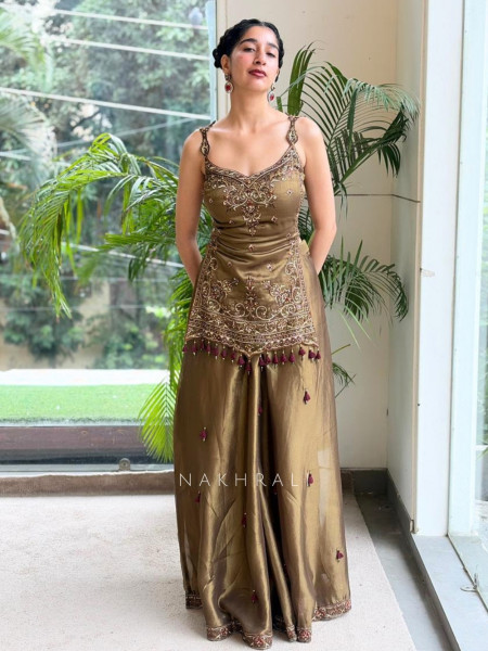 Autumn Dusk Green Metallic Tissue Silk Kurti Palazzo Set