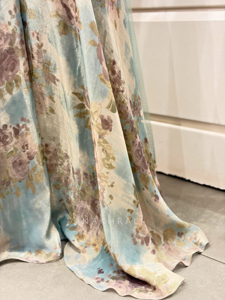 Kiyana Dusky Blue Indo Western Crop Top Plazzo Set with Stone Work