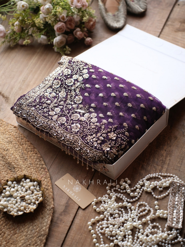 Image of Starlight Purple Net Saree with Cut Dana Bead and Sequin Work