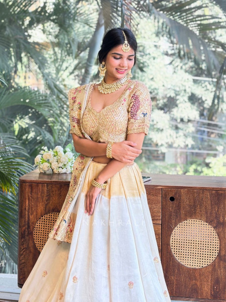 Aarini Golden Silk Saree with Embroidered Readymade Blouse