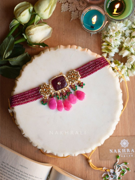 Vairi Magenta Kundan Beaded Choker Set