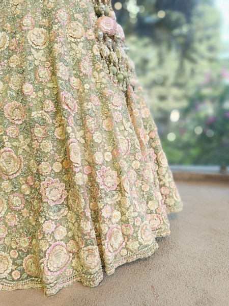Princess Garden Olive Net Floral Embroidered Lehenga