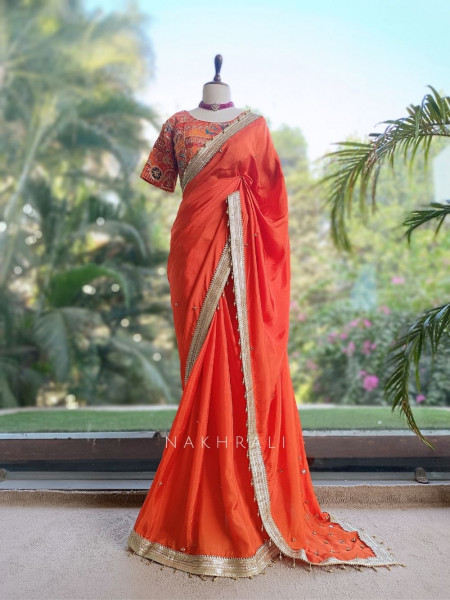 Rati Orange Saree with Gota Patti Border & Multicolor Embroidered Readymade Blouse