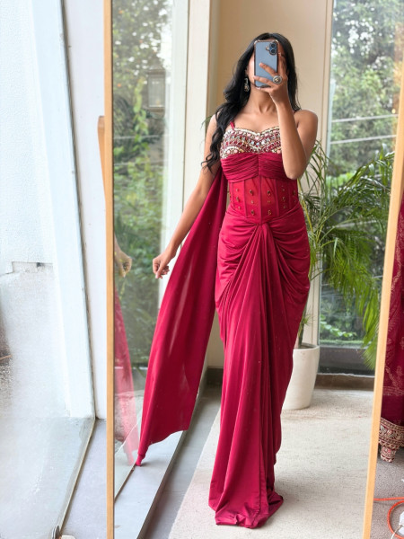 Elektra Maroon Draped Illusion Crop Top skirt