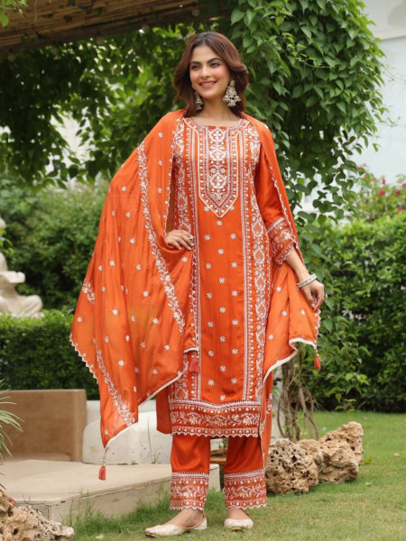 Noorvi Silk Embroidered Orange Suit Set with Intricate Thread and Mirror Work