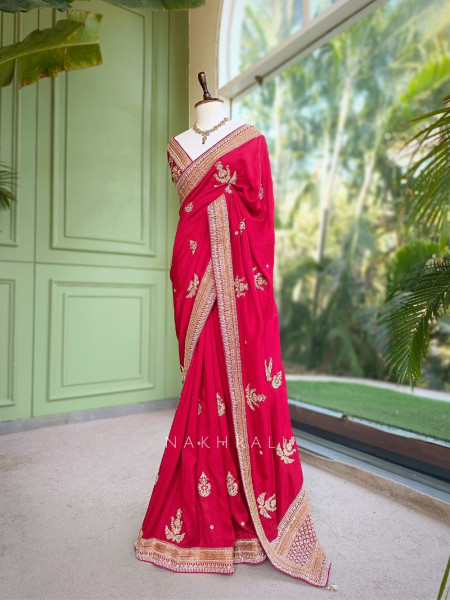 Tarang Cherry Red Saree With Zardozi, Pitta & Gota Patti Work