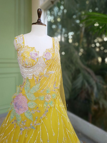 Floral Symphony Yellow Indo-Western Lehenga Set
