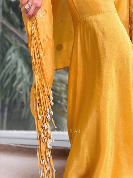 Solene Yellow Crop Top Palazzo Set with Embellished Shrug