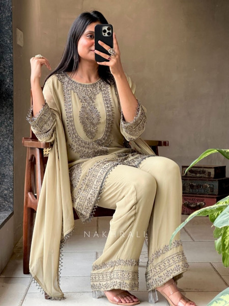 Ira Green Mehendi Georgette Suit Set with Zari Sequin Work