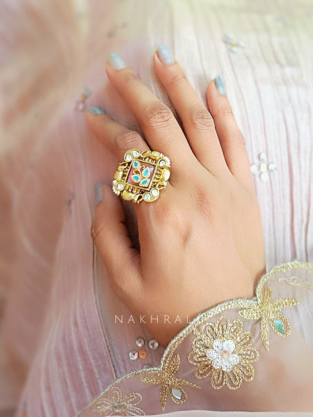 Royal Enamel Pink Square Ring with Kundan & Pearl Detailing