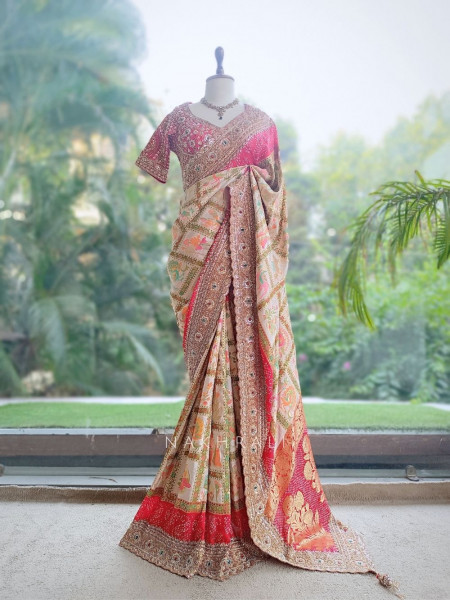 Vasantha Patola Fusion Red Saree with Readymade Blouse