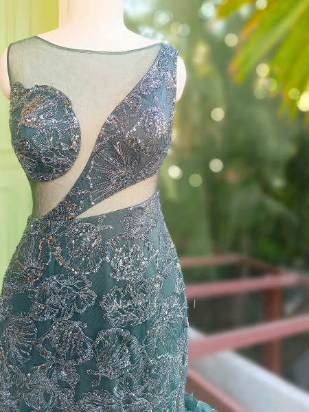 Serenad Teal Green Mermaid Gown with Sequin Embroidery