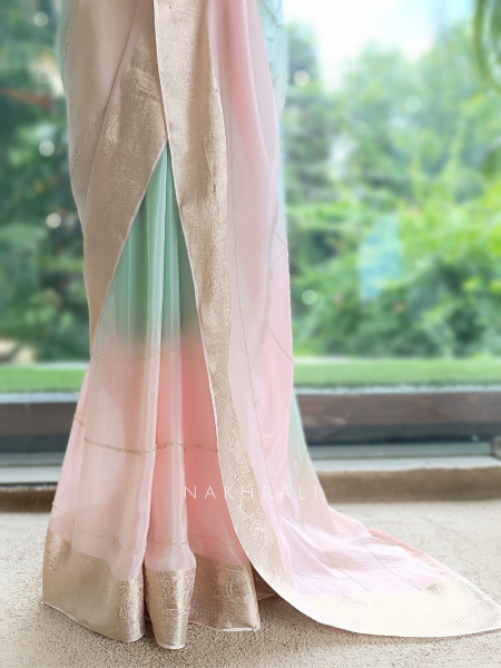 Mridurekha Pastel Pink Chinnon Saree with Running Blouse