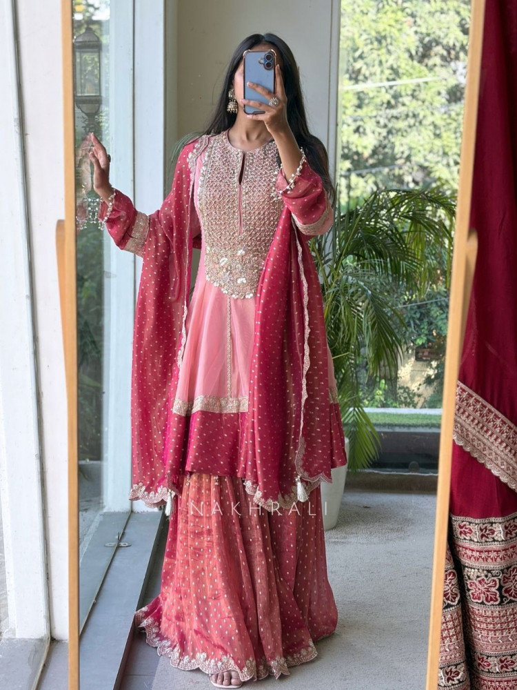 Image of Gulbadan Gota Pink Anarkali Plazo Suit Set