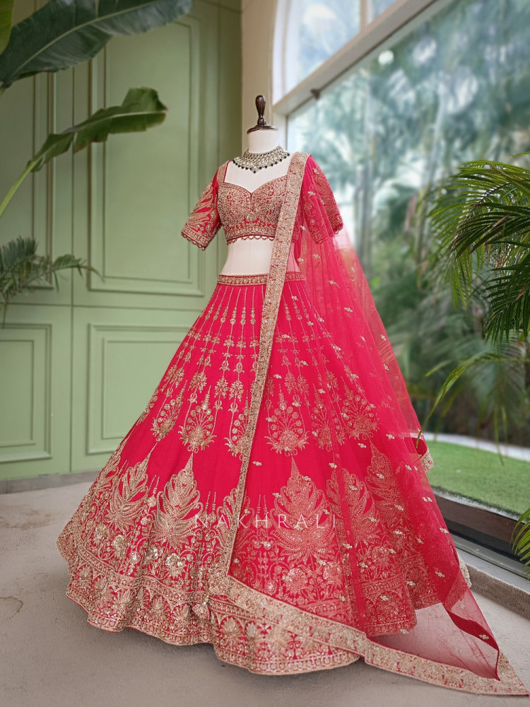 Image of Anvesha Red Bridal Lehenga with Sequin &amp; Zari Detailing