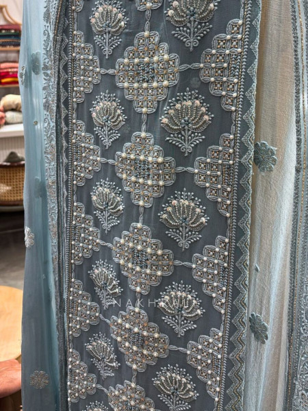 Avarna Blue Pearl Beads Embroidered Dress Material