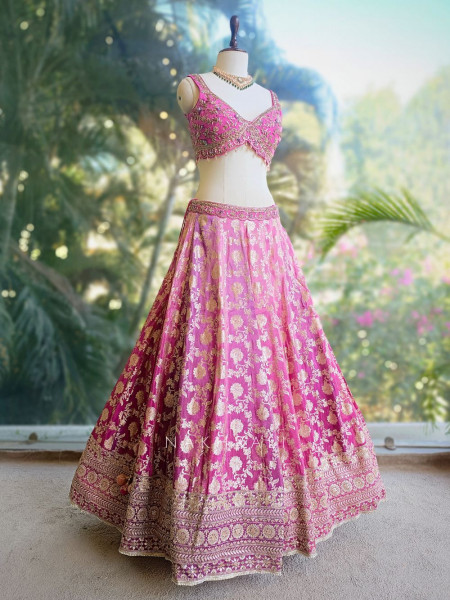 Rani Gulmohar Multicolor Brocade Lehenga with Zari Sequin Work