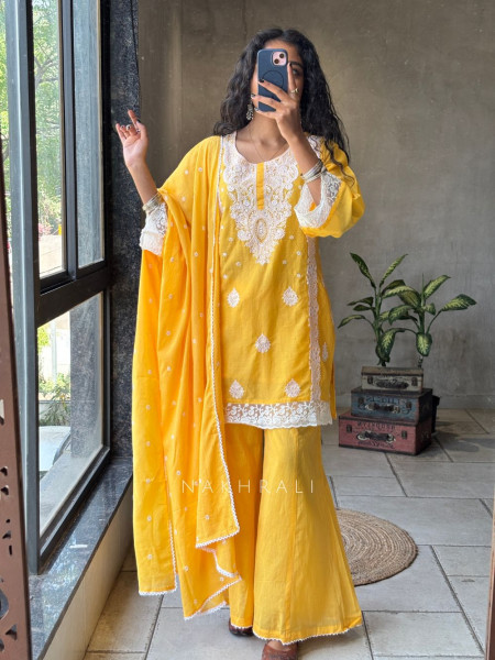 Meher Yellow Cotton Blend Chikankari Kurta Set with Lace Detail