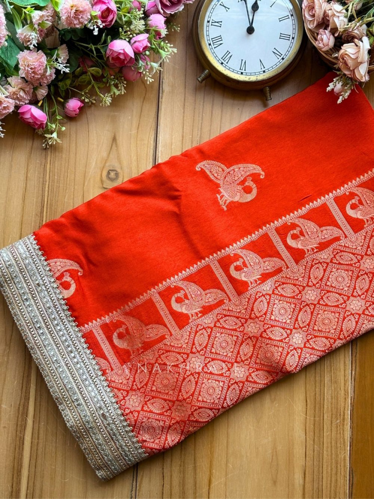 Image of Tavira brick Saree with Broad Border and Unstitched Blouse Piece