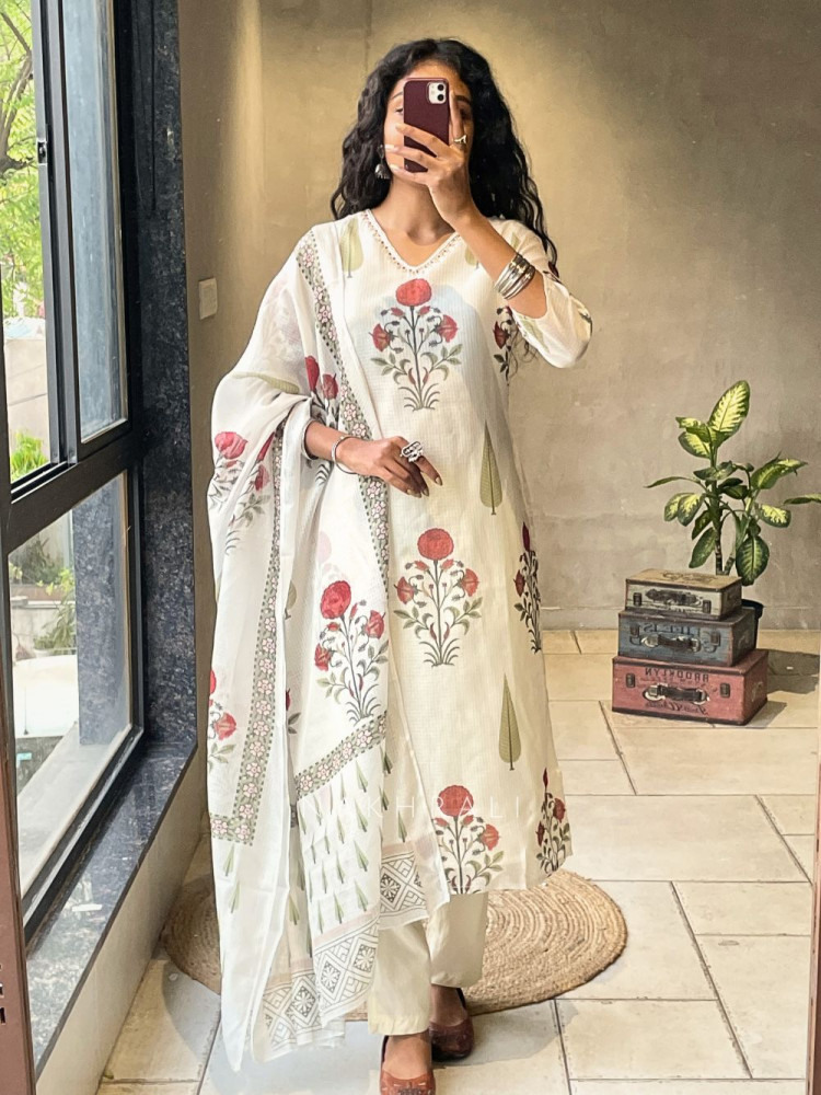 Image of Nuvira Cream Kota Doria Suit Set with Floral Print