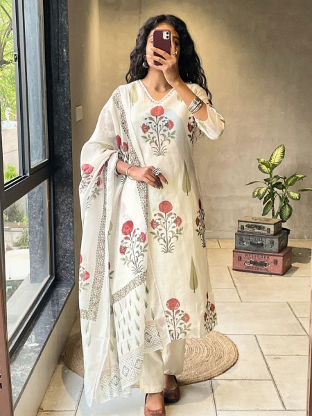Nuvira Cream Kota Doria Suit Set with Floral Print