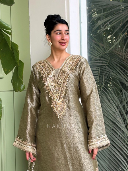 Kyra Green Straight Dress with Mirror Zari Work