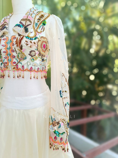 Aveline Ivory Indo Western Lehenga with Multicolor Thread, Sequin and Bead Embroidery