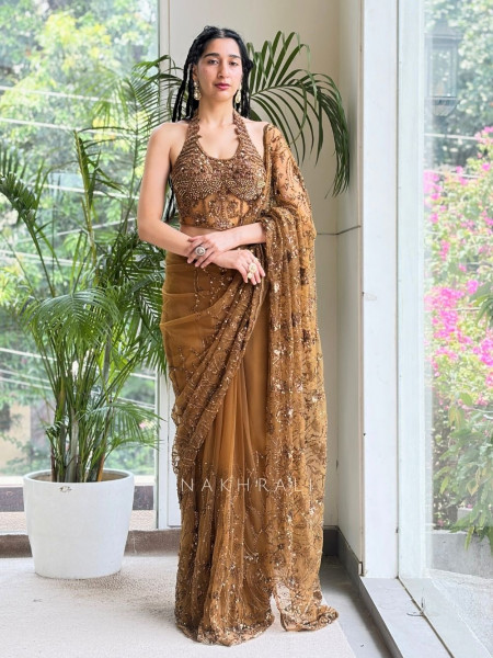 Amber Gleam Net Drape Saree with Sequin and Cut Dana Work