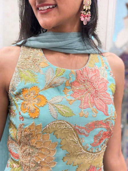 Giselle  Aqua Blue Indo Western Palazzo Set With  Floral Embroidery