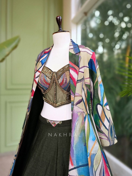 Arvaya Olive Indo Western Lehenga with Beaded Corset and Printed Jacket