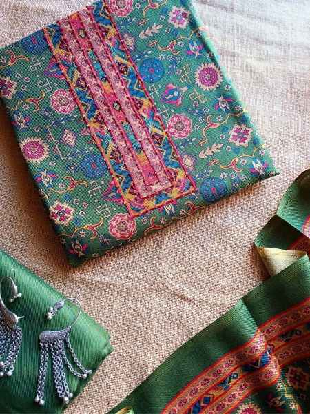 Heritage Green Woolen Printed Dress Material