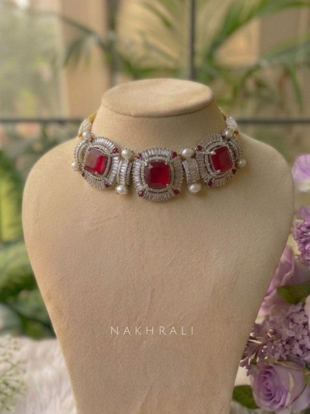 Crimsonelle Ruby Red & Silver Necklace Set