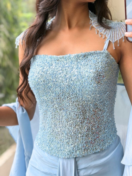 Shimmer Glow Sky Blue Crop Top Skirt Set With Sequin Corset & Ruffle Cape Detail