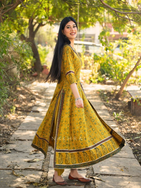 Umrao Mustard Angrakha Cotton Kurta Pant Set