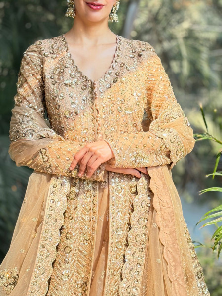 Mocha Bloom Brown Achkan Pattern Lehenga with Zari Sequin Work